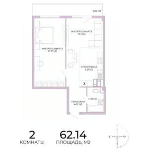 2-к квартира, строящийся дом, 62м2, 5/17 этаж