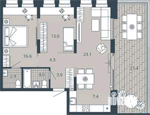 2-к квартира, вторичка, 89м2, 7/23 этаж