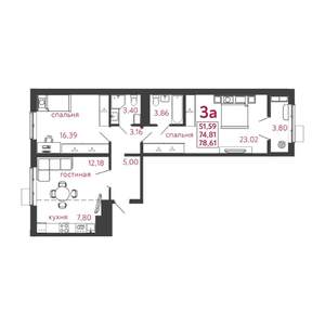 3-к квартира, вторичка, 79м2, 9/12 этаж