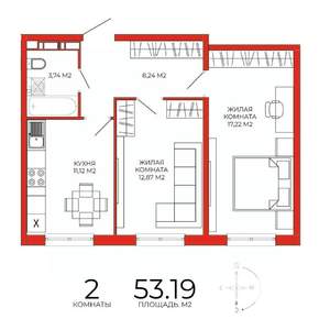 2-к квартира, строящийся дом, 53м2, 8/18 этаж