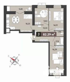 3-к квартира, строящийся дом, 82м2, 12/16 этаж