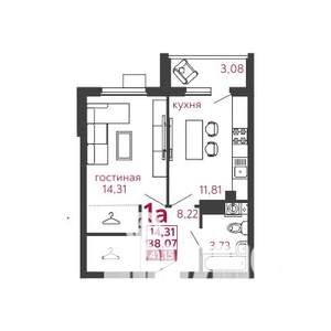 1-к квартира, вторичка, 41м2, 5/5 этаж