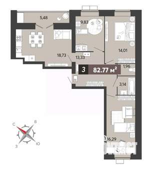 3-к квартира, вторичка, 83м2, 14/16 этаж