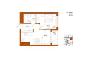 1-к квартира, вторичка, 34м2, 1/18 этаж