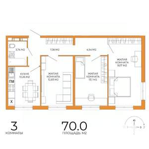 3-к квартира, строящийся дом, 70м2, 12/18 этаж