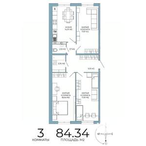 3-к квартира, строящийся дом, 84м2, 2/18 этаж