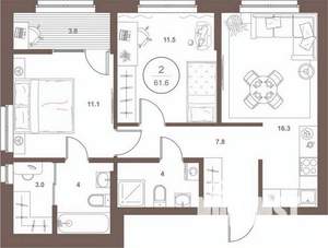 2-к квартира, вторичка, 62м2, 1/16 этаж