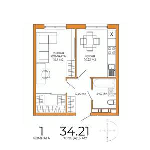 1-к квартира, строящийся дом, 34м2, 16/18 этаж