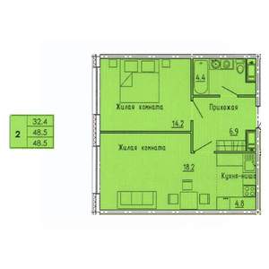2-к квартира, строящийся дом, 49м2, 14/18 этаж