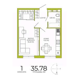 1-к квартира, строящийся дом, 36м2, 5/18 этаж