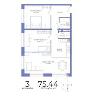 3-к квартира, строящийся дом, 75м2, 2/17 этаж