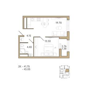 1-к квартира, вторичка, 43м2, 17/18 этаж