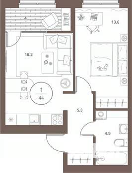 1-к квартира, вторичка, 44м2, 4/16 этаж