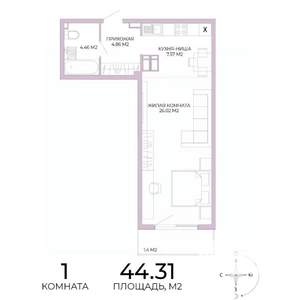 1-к квартира, строящийся дом, 44м2, 4/17 этаж