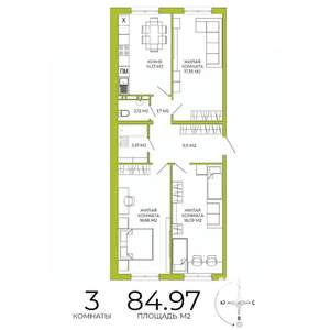 3-к квартира, строящийся дом, 85м2, 12/18 этаж