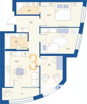 3-к квартира, вторичка, 70м2, 2/16 этаж
