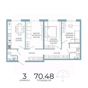 3-к квартира, строящийся дом, 70м2, 13/18 этаж