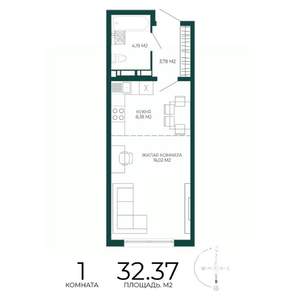 1-к квартира, строящийся дом, 32м2, 16/17 этаж