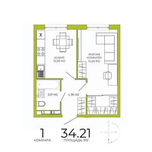 1-к квартира, строящийся дом, 34м2, 15/18 этаж