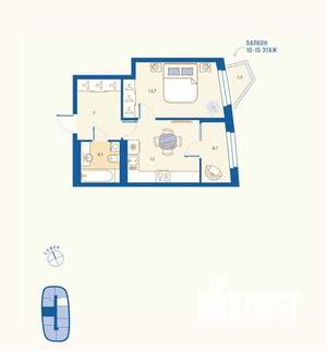 1-к квартира, вторичка, 42м2, 14/16 этаж