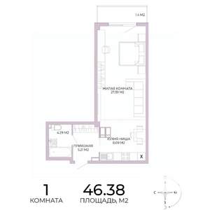 1-к квартира, строящийся дом, 46м2, 11/17 этаж