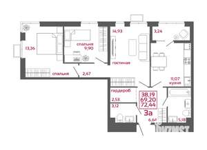 3-к квартира, вторичка, 72м2, 3/16 этаж