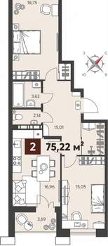 2-к квартира, вторичка, 75м2, 2/18 этаж