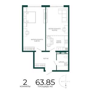 2-к квартира, строящийся дом, 64м2, 15/17 этаж