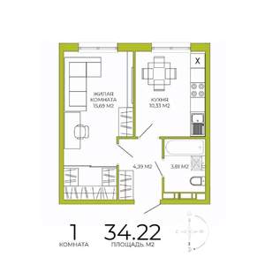 1-к квартира, строящийся дом, 34м2, 9/18 этаж