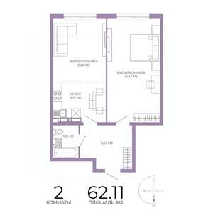 2-к квартира, строящийся дом, 62м2, 3/17 этаж