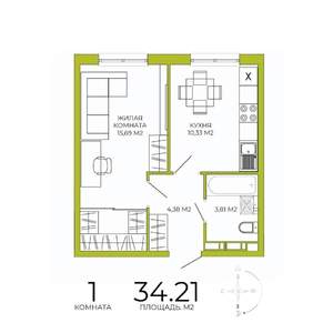 1-к квартира, строящийся дом, 34м2, 14/18 этаж