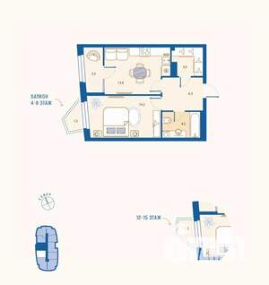 1-к квартира, вторичка, 47м2, 6/16 этаж