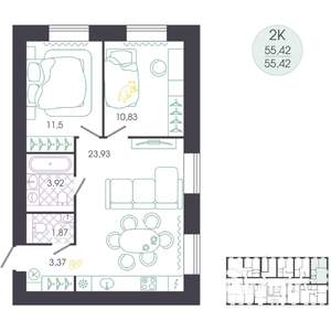 2-к квартира, вторичка, 55м2, 1/14 этаж