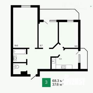 3-к квартира, вторичка, 68м2, 8/19 этаж