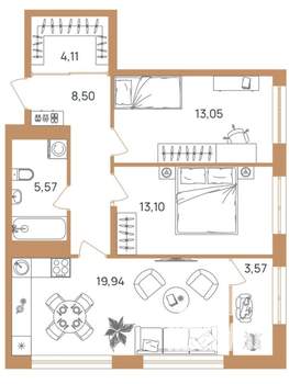 2-к квартира, вторичка, 68м2, 11/17 этаж