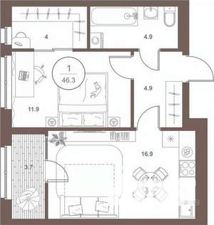 1-к квартира, вторичка, 46м2, 5/16 этаж