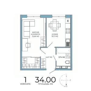 1-к квартира, строящийся дом, 34м2, 3/18 этаж