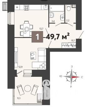 1-к квартира, вторичка, 50м2, 1/16 этаж