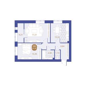 2-к квартира, вторичка, 62м2, 1/4 этаж