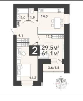 2-к квартира, сданный дом, 61м2, 13/16 этаж
