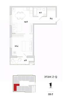 1-к квартира, вторичка, 54м2, 7/24 этаж