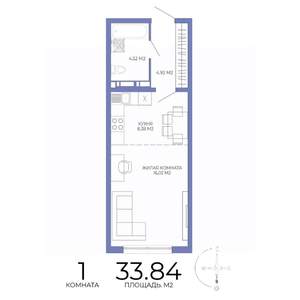 1-к квартира, строящийся дом, 34м2, 8/17 этаж