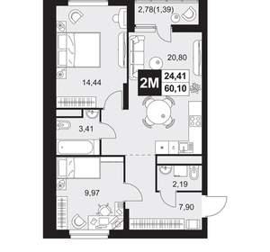2-к квартира, вторичка, 60м2, 10/20 этаж