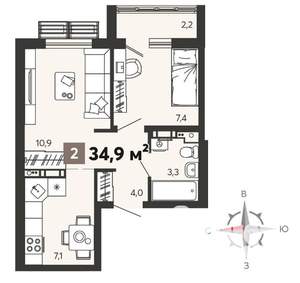 2-к квартира, вторичка, 35м2, 14/16 этаж