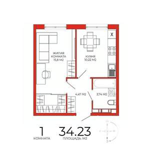 1-к квартира, строящийся дом, 34м2, 9/18 этаж