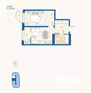 1-к квартира, вторичка, 43м2, 9/16 этаж