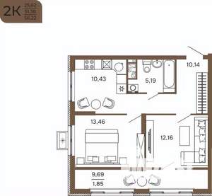 2-к квартира, вторичка, 56м2, 7/17 этаж