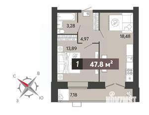 1-к квартира, строящийся дом, 48м2, 7/16 этаж
