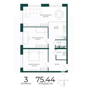 3-к квартира, строящийся дом, 75м2, 2/17 этаж