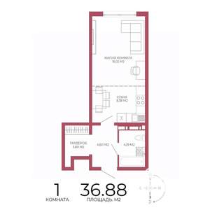 1-к квартира, строящийся дом, 37м2, 9/18 этаж